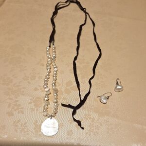 LOFT Pearl and Brown Ribbon Necklace Set